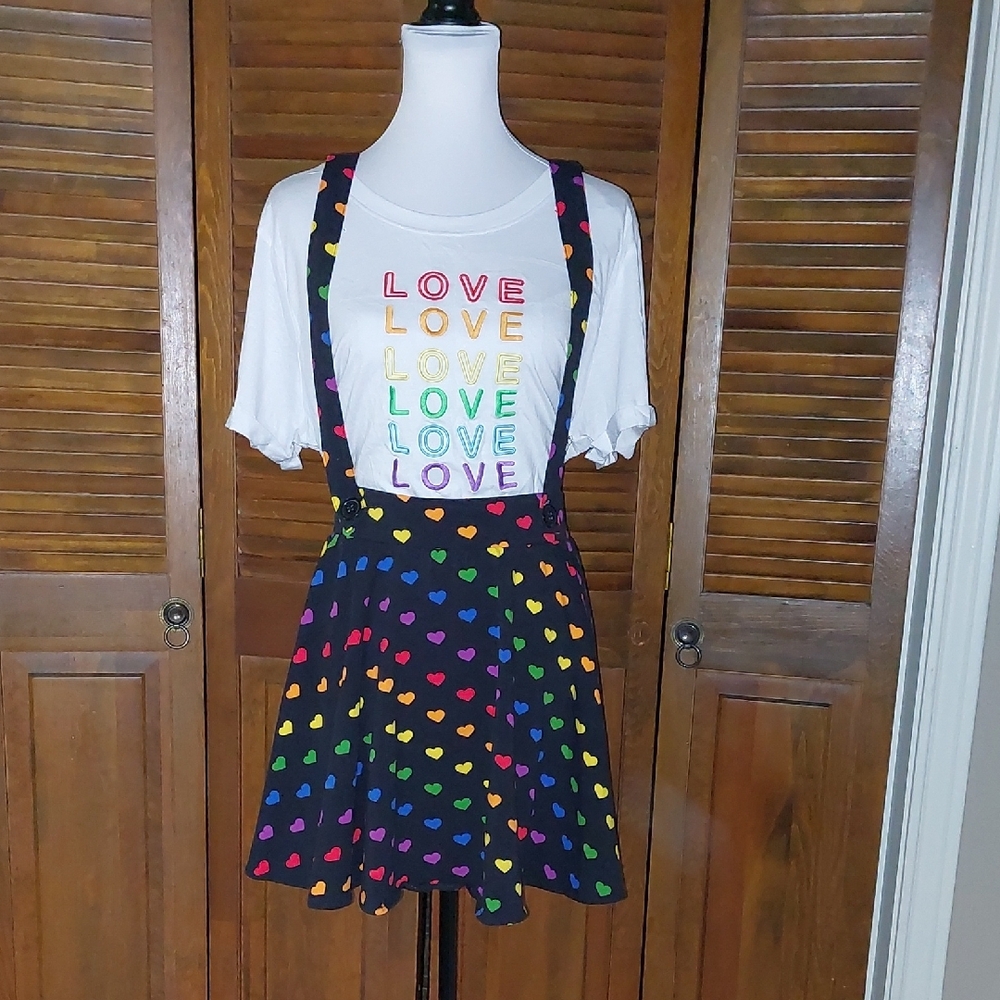 Colorful Rainbow Suspender Heart Skirt with Love T-Shirt Sz XL/1X